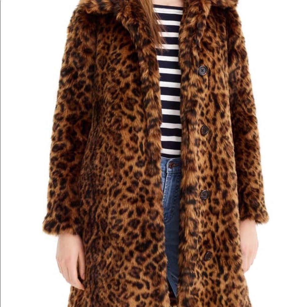 JCrew leopard faux fur coat size XS.